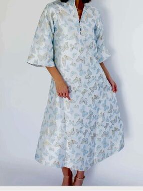 Solelia Butterfly Jacquard Midi Dress Metallic Fairycore Resortwear Blue Gold M